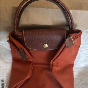 Longchamp Le Pliage Small Tote in Burnt Orange with Brown Trim
